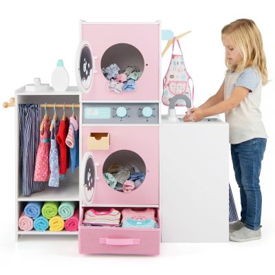 Costzon Kids Washer and Dryer Playset, Toddler Wooden Pretend Laundry Play Set w/Laundry Detergent Bottle, Iron, Hangers & Fabric Drawer, Realistic Laundry Room, Ideal Gift for Boys & Girls 3+
