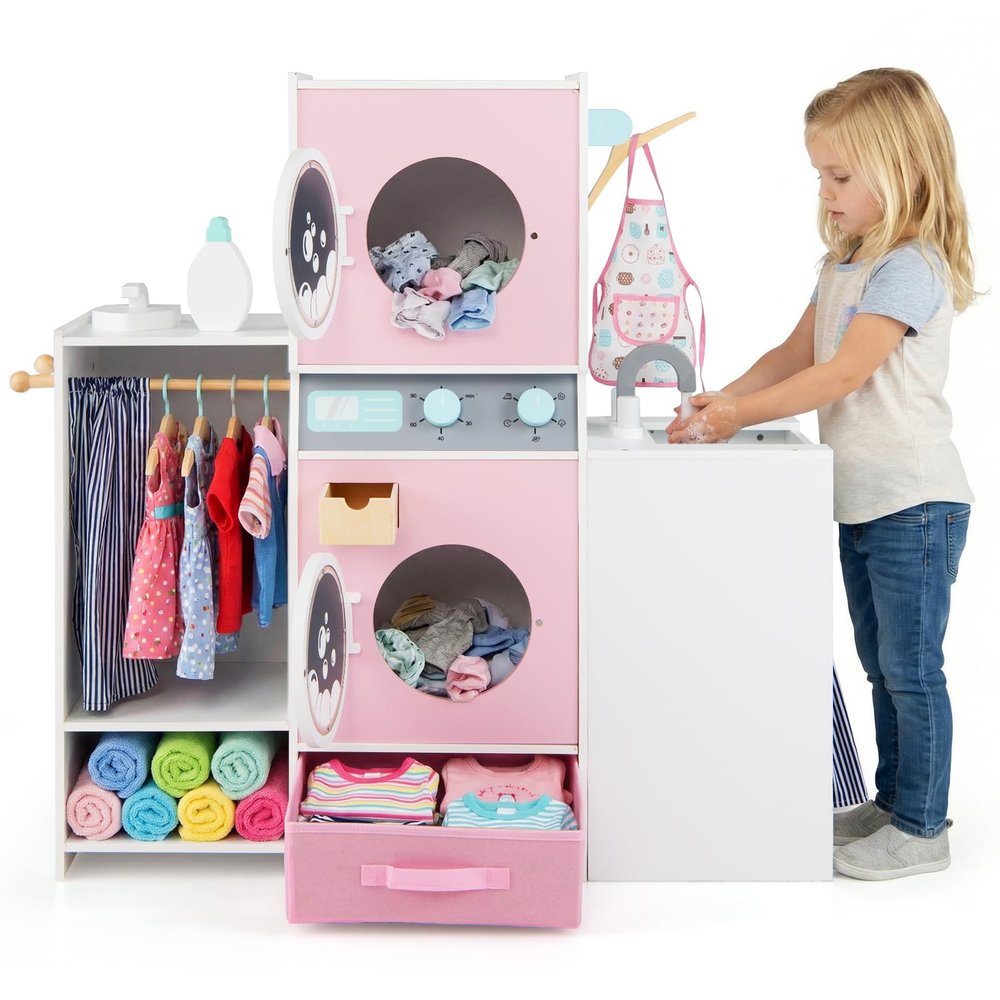 Costzon Kids Washer and Dryer Playset, Toddler Wooden Pretend Laundry Play Set w/Laundry Detergent Bottle, Iron, Hangers & Fabric Drawer, Realistic Laundry Room, Ideal Gift for Boys & Girls 3+