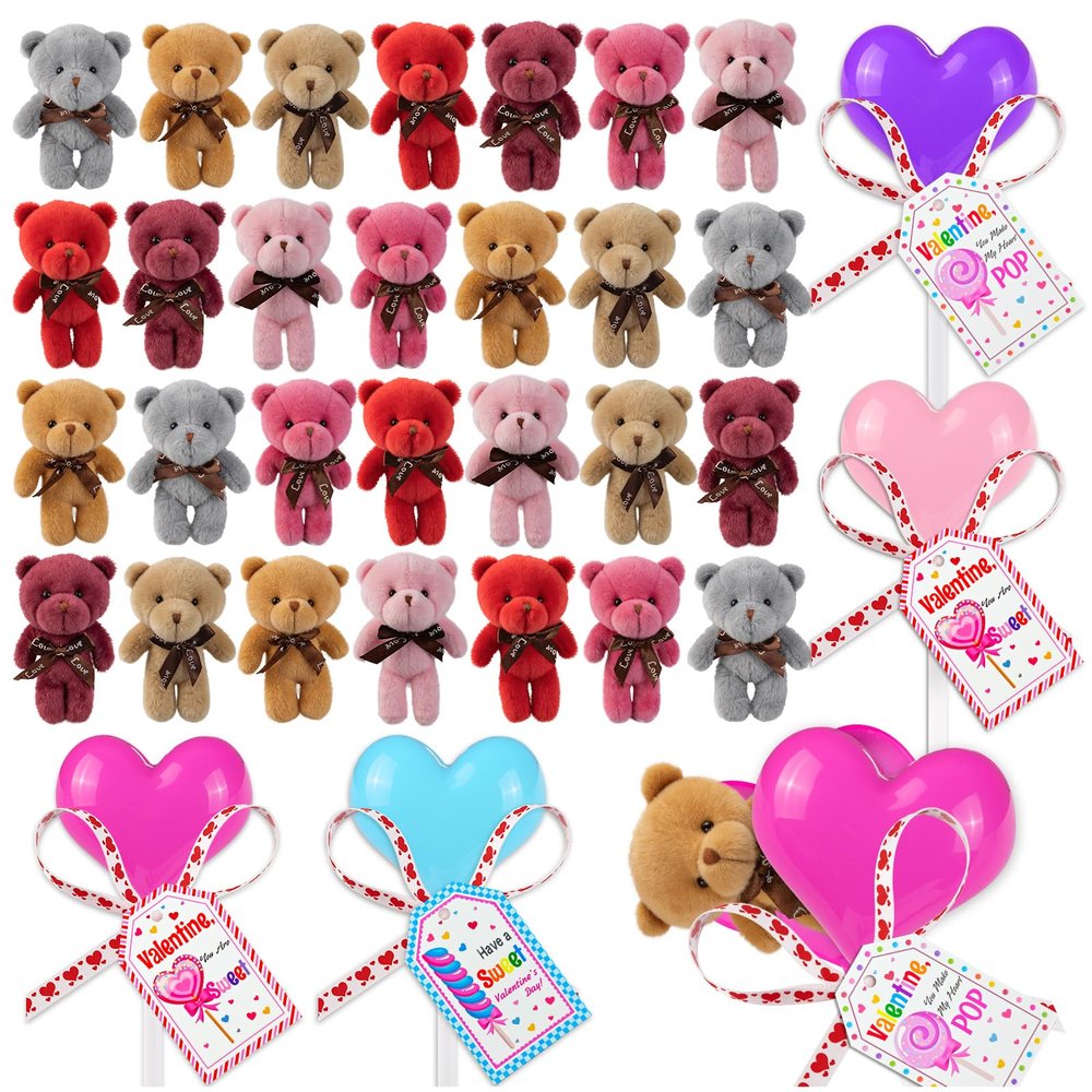 28 Pack Valentines Day Cards for Kids School, Valentine Keychains Mini Bears Plush Toys with Cards Heart-shaped Container, Gift For School Classroom Party Favor, Stuffed Animals Exchange Prize