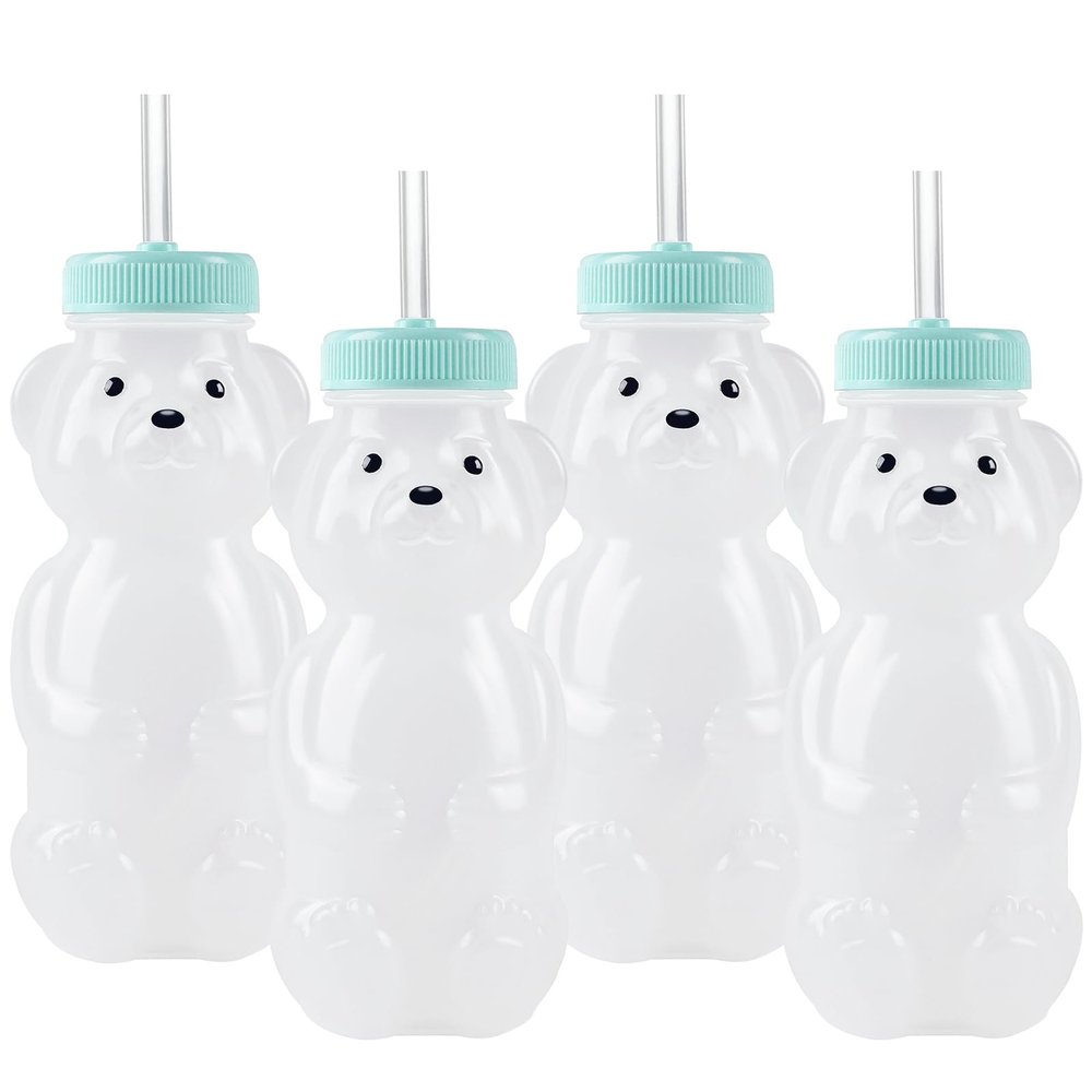 Honey Bear Straw Cups for Babies 4 pack, 8oz straw bear cup with improved safety lid design, honey bear cup and honey bear bottle. Straw learning therapy cup. Leak-Proof & Food-Grade & BPA Free
