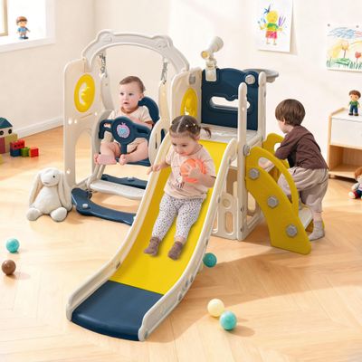 8-in-1 Toddler Playset with Swing & Slide  Indoor/Outdoor Playground for Age 1-3 Years  Featuring Climber, Basketball Hoop, Telescope, Peek-a-Boo, Sound Toy & Storage (Blue, Yellow)