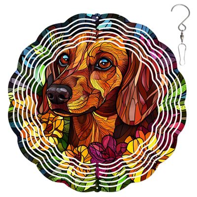 10-Inch Metal Wind Spinner Brown Dachshund Among Flowers 3D Dog Wind Spinner, Unique Metal Hanging Kinetic Wind Sculpture Ornament Gifts for Women Yard Art Garden Patio Lawn Indoor Outdoor Decor