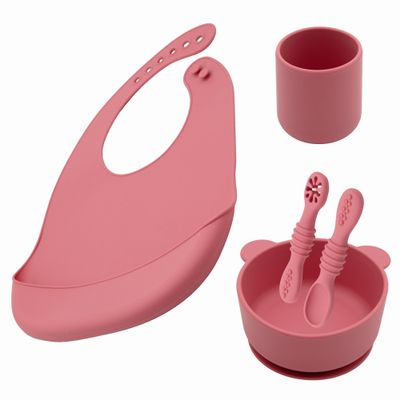BabyX Silicone Baby Starter Kit, 5 Pieces First Feeding Set, Including Training Spoon, Fork, Cup, Bib and Bear Shaped Bowl (Pink), BPA-Free, Baby Utensils Supplies, Microwave/Dishwasher Safe