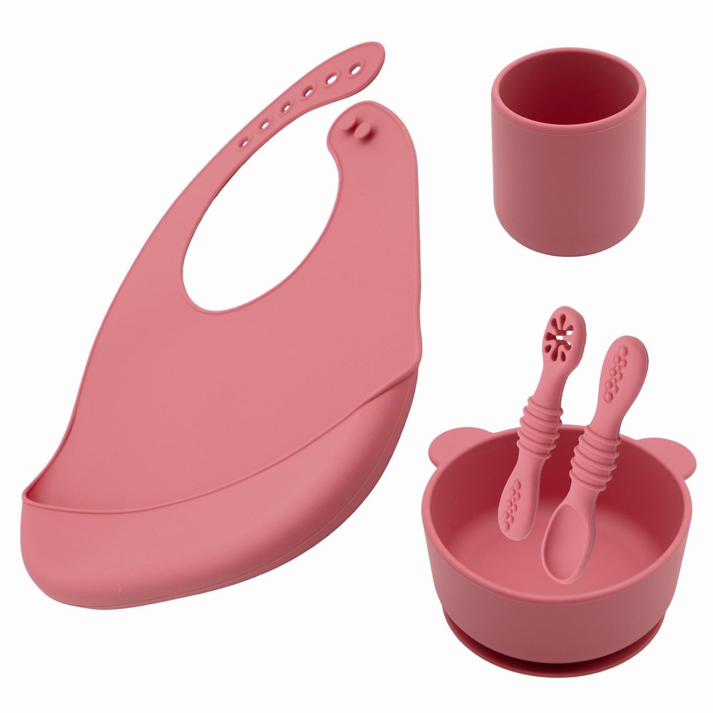 BabyX Silicone Baby Starter Kit, 5 Pieces First Feeding Set, Including Training Spoon, Fork, Cup, Bib and Bear Shaped Bowl (Pink), BPA-Free, Baby Utensils Supplies, Microwave/Dishwasher Safe