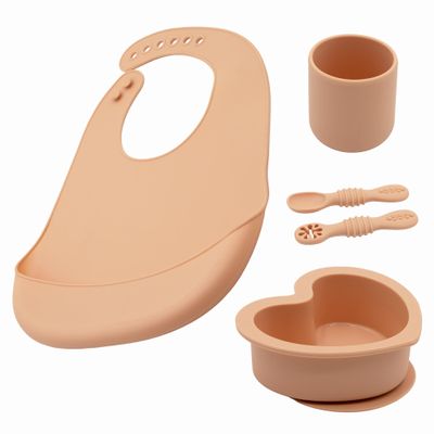 BabyX Silicone Baby Starter Kit, 5 Pieces First Feeding Set, Including Training Spoon, Fork, Cup, Bib and Heart Shaped Bowl (Peach), BPA-Free, Baby Utensils Supplies, Microwave/Dishwasher Safe