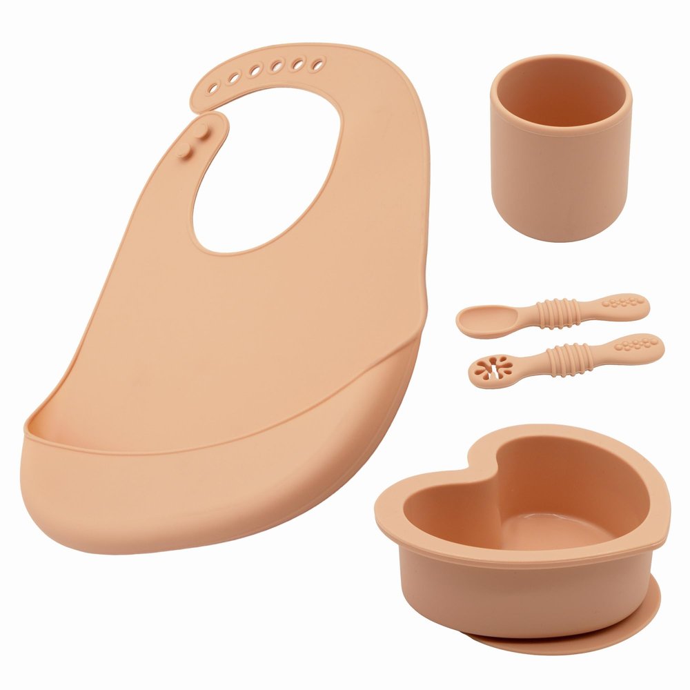 BabyX Silicone Baby Starter Kit, 5 Pieces First Feeding Set, Including Training Spoon, Fork, Cup, Bib and Heart Shaped Bowl (Peach), BPA-Free, Baby Utensils Supplies, Microwave/Dishwasher Safe
