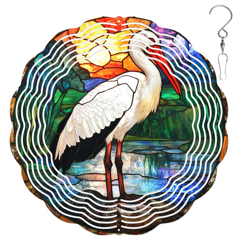 10-Inch Metal Wind Spinner Painted Stork by Water 3D Bird Wind Spinner, Unique Metal Hanging Kinetic Wind Sculpture Ornament Yard Art Garden Patio Lawn Indoor Outdoor Decor