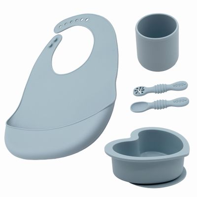BabyX Silicone Baby Starter Kit, 5 Pieces First Feeding Set, Including Training Spoon, Fork, Cup, Bib and Heart Shaped Bowl (Blue), BPA-Free, Baby Utensils Supplies, Microwave/Dishwasher Safe