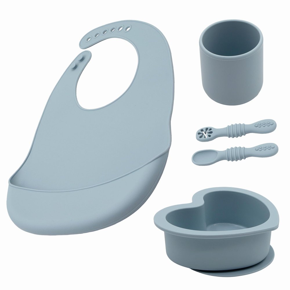 BabyX Silicone Baby Starter Kit, 5 Pieces First Feeding Set, Including Training Spoon, Fork, Cup, Bib and Heart Shaped Bowl (Blue), BPA-Free, Baby Utensils Supplies, Microwave/Dishwasher Safe