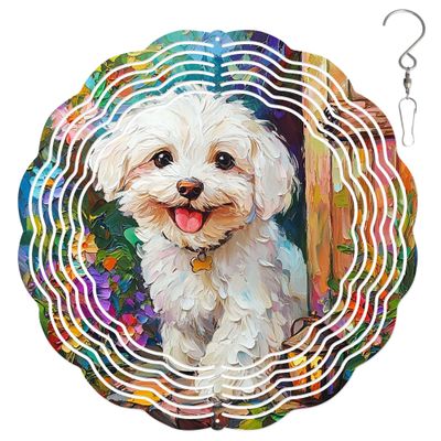 10-Inch Metal Wind Spinner Bichon Frise Sitting by Garden door3D Dog Wind Spinner, Unique Metal Hanging Kinetic Wind Sculpture Ornament Yard Art Garden Patio Lawn Indoor Outdoor Decor