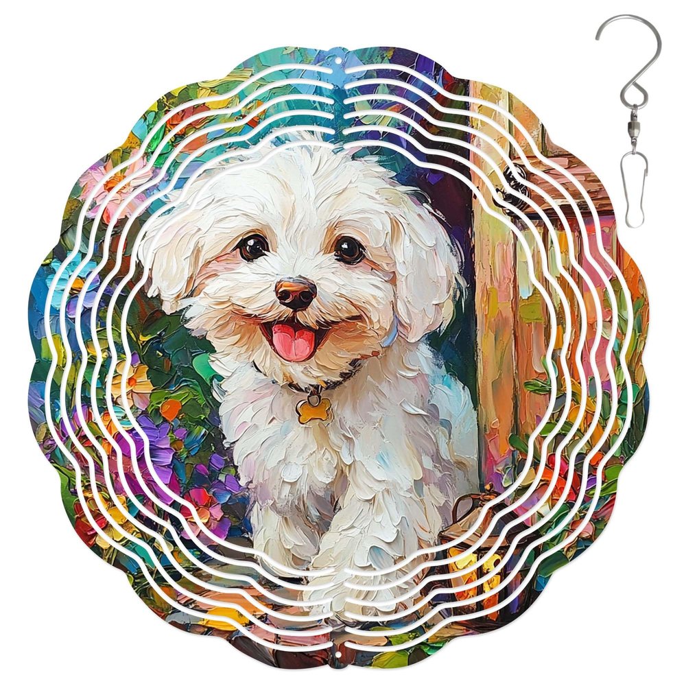 10-Inch Metal Wind Spinner Bichon Frise Sitting by Garden door3D Dog Wind Spinner, Unique Metal Hanging Kinetic Wind Sculpture Ornament Yard Art Garden Patio Lawn Indoor Outdoor Decor