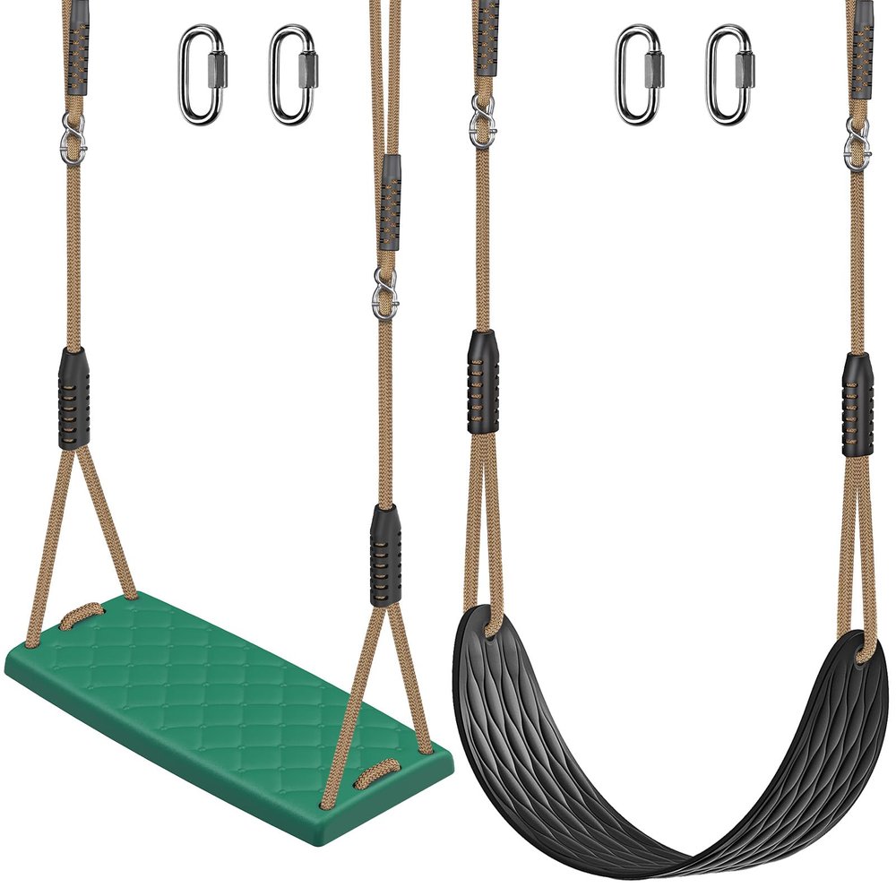 SELEWARE Heavy Duty Swing Seat Replacement for Kids, 2-Pack Outdoor Swing Set Accessories with Adjustable Ropes & Snap Hooks, Plastic Playground Swing for Backyard, Tree, Indoor Play (Black & Green)