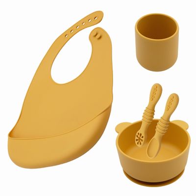 BabyX Silicone Baby Starter Kit, 5 Pieces First Feeding Set, Including Training Spoon, Fork, Cup, Bib and Bear Shaped Bowl (Yellow), BPA-Free, Baby Utensils Supplies, Microwave/Dishwasher Safe