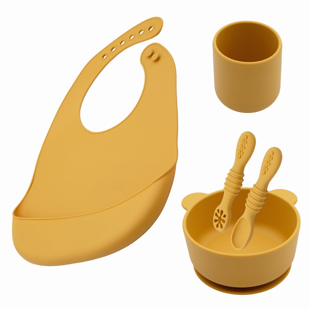 BabyX Silicone Baby Starter Kit, 5 Pieces First Feeding Set, Including Training Spoon, Fork, Cup, Bib and Bear Shaped Bowl (Yellow), BPA-Free, Baby Utensils Supplies, Microwave/Dishwasher Safe