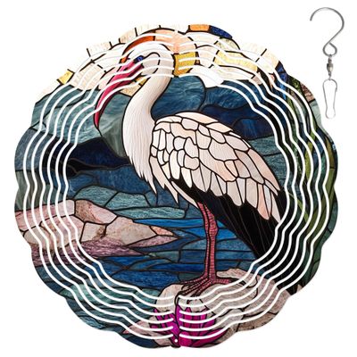 10-Inch Metal Wind Spinner White Stork by Water 3D Bird Wind Spinner, Unique Metal Hanging Kinetic Wind Sculpture Ornament Yard Art Garden Patio Lawn Indoor Outdoor Decor