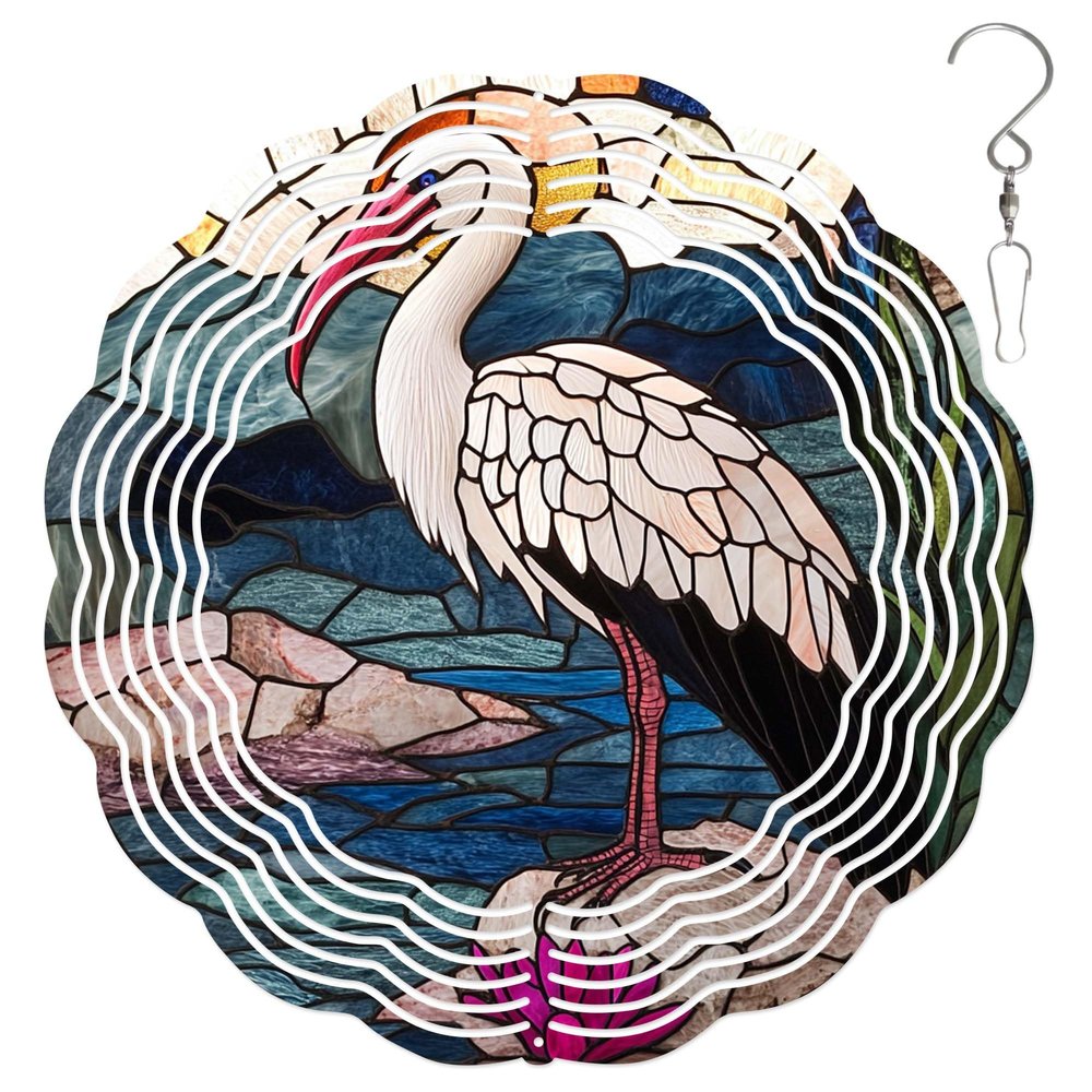 10-Inch Metal Wind Spinner White Stork by Water 3D Bird Wind Spinner, Unique Metal Hanging Kinetic Wind Sculpture Ornament Yard Art Garden Patio Lawn Indoor Outdoor Decor