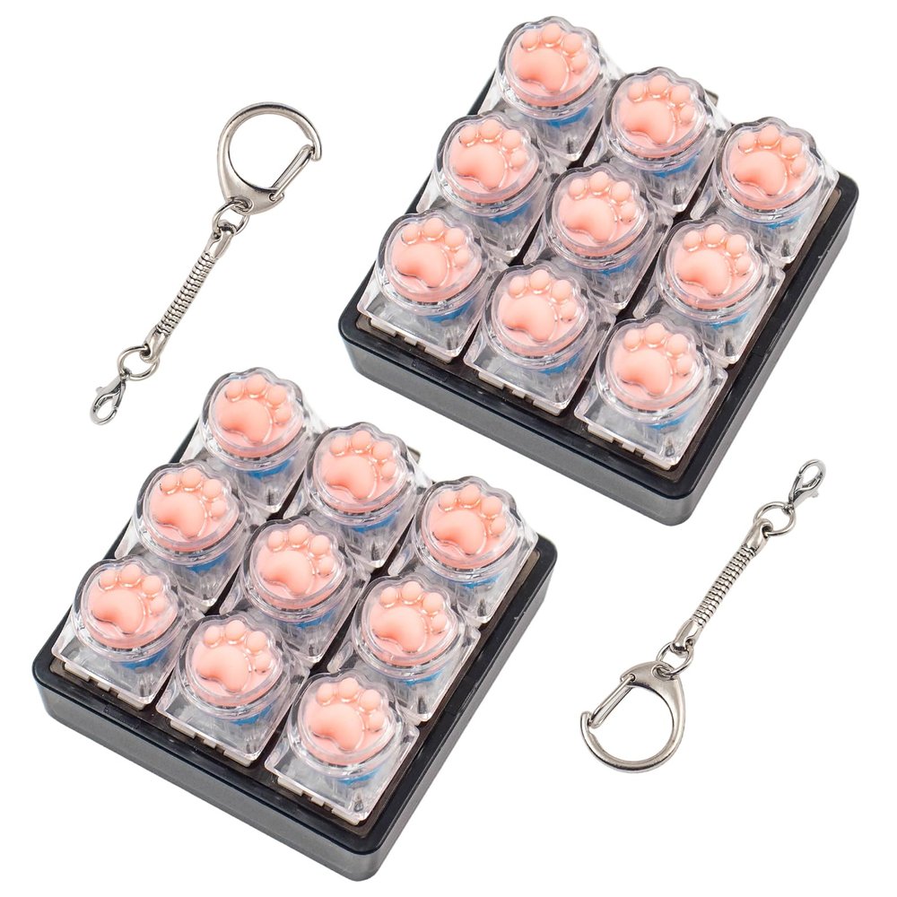 2 Pcs Cute Cat Paw Keyboard Fidget Toy, 9 Keys Transparent Keyboard Clicker Fidget for Adults Relieve Stress and Anxiety Decompression Keyboard Fidget Keychain