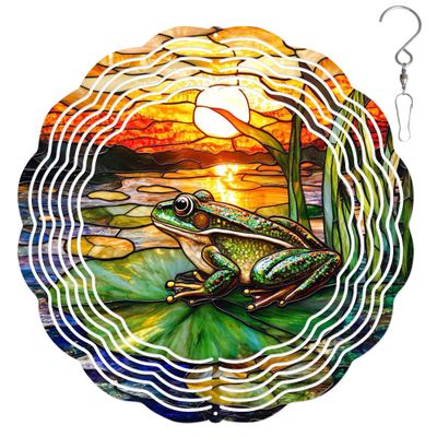 10-Inch Metal Wind Spinner Green Frog on Lily pad 3D Wildlife Wind Spinner, Unique Metal Hanging Kinetic Wind Sculpture Ornament Gifts for Women Yard Art Garden Patio Lawn Indoor Outdoor Decor