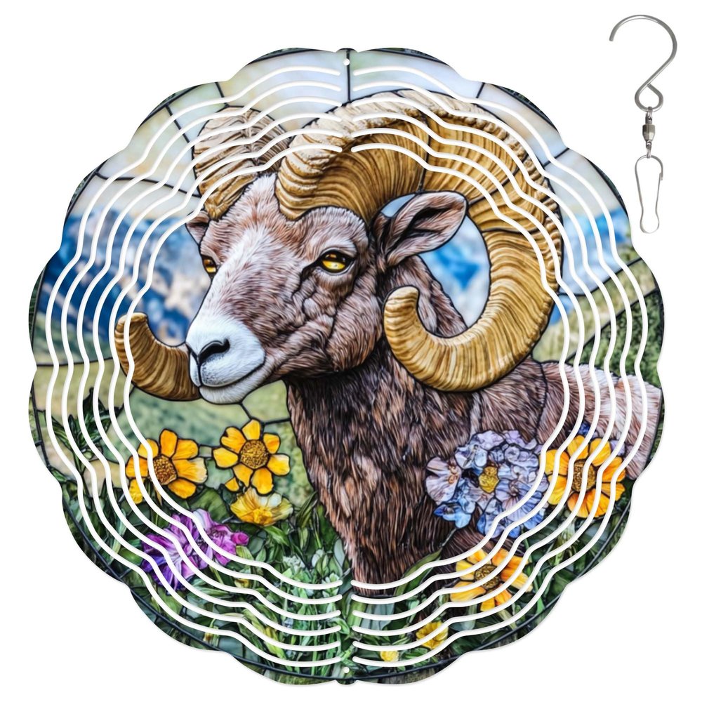 10-Inch Metal Wind Spinner Bighorn Sheep Among Flowers 3D Wildlife Wind Spinner, Unique Metal Hanging Kinetic Wind Sculpture Ornament Gifts for Women Yard Art Garden Patio Lawn Indoor Outdoor Decor