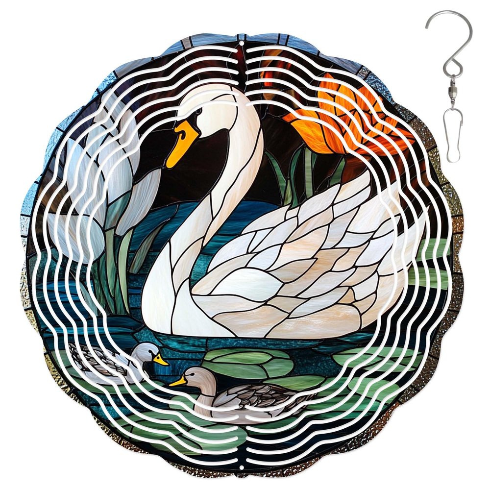 10-Inch Metal Wind Spinner White Swan and Grey Ducks 3D Bird Wind Spinner, Unique Metal Hanging Kinetic Wind Sculpture Ornament Yard Art Garden Patio Lawn Indoor Outdoor Decor