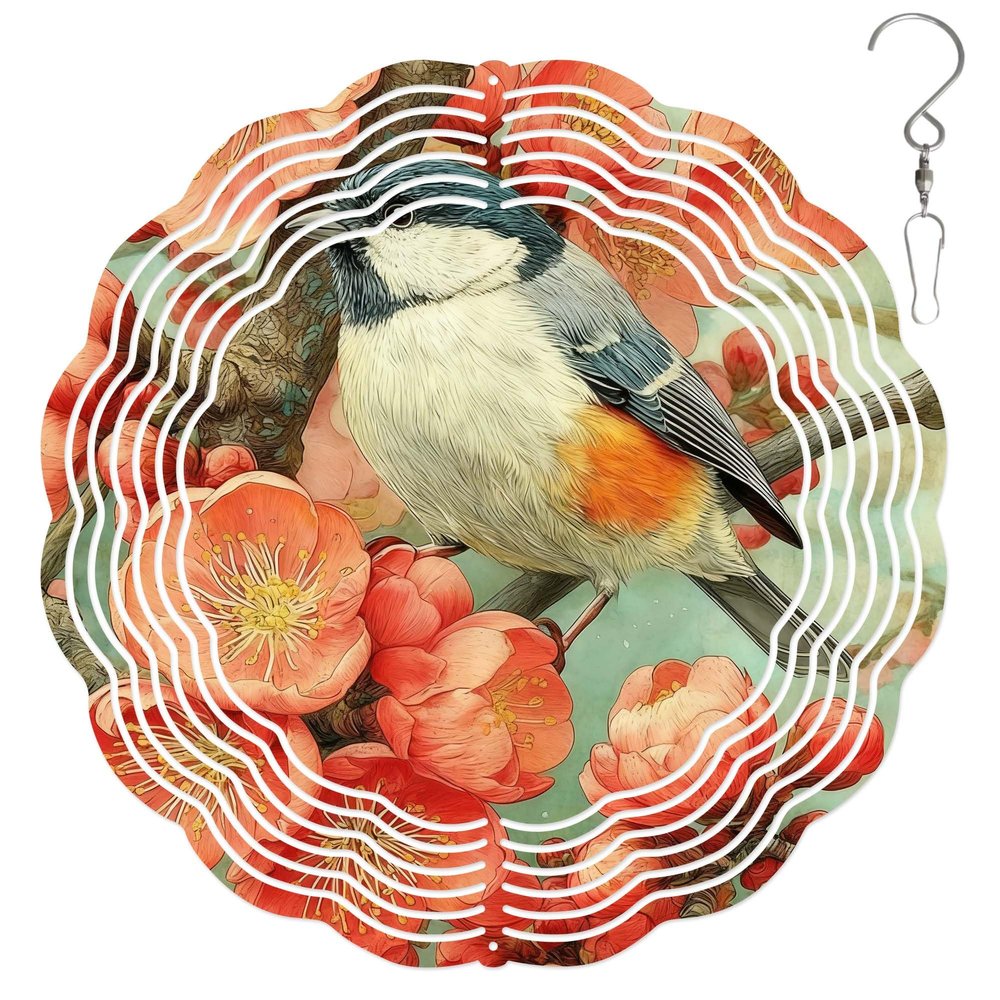 10-Inch Metal Wind Spinner Black-Capped Chickadee 3D Bird Wind Spinner, Unique Metal Hanging Kinetic Wind Sculpture Ornament Yard Art Garden Patio Lawn Indoor Outdoor Decor