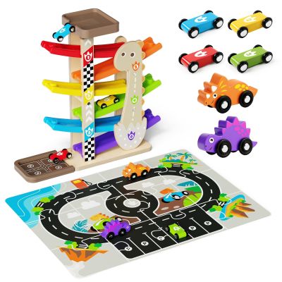 Paisure Wooden Car Ramp Racer for Toddlers 1-3, Montessori Race Track Toy