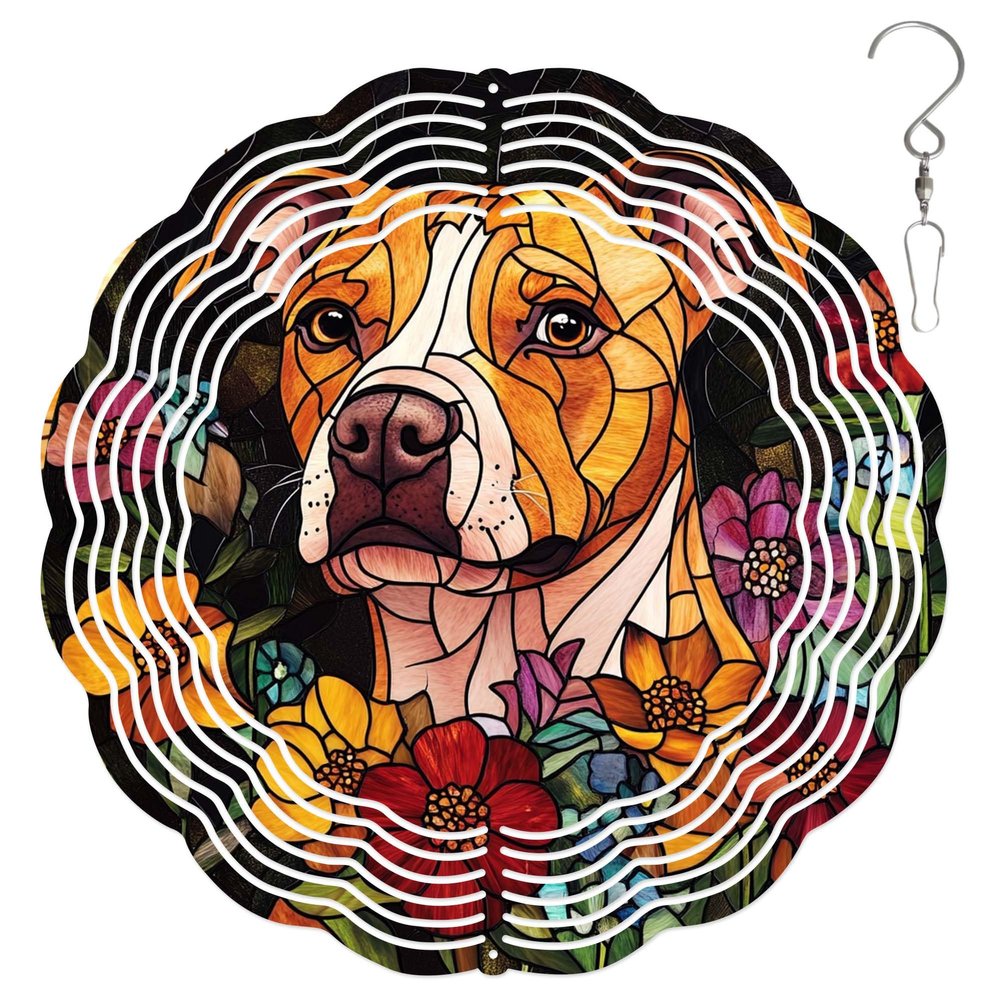 10-Inch Metal Wind Spinner Brown-and-White Pit Bull 3D Dog Wind Spinner, Unique Metal Hanging Kinetic Wind Sculpture Ornament Gifts for Women Yard Art Garden Patio Lawn Indoor Outdoor Decor