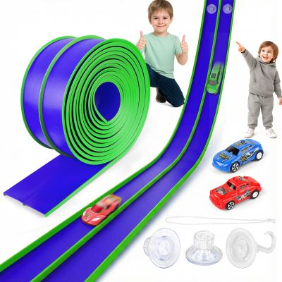 15 Ft Flexible DIY Race Track  Bendable Track Set with 2 Cars and 3 Strong Suction Cups, Car Ramp Toy Track for Kids Ages 3+ (Blue)