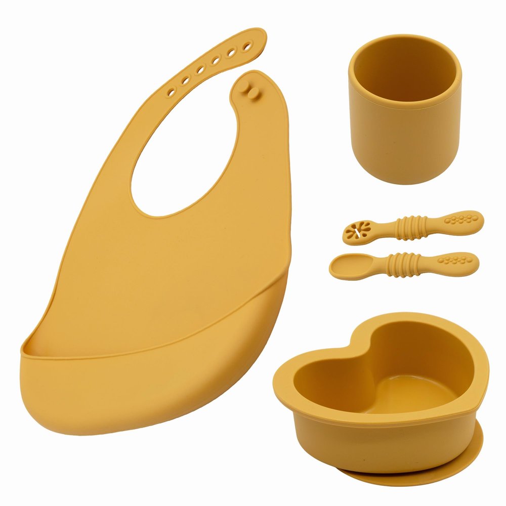 BabyX Silicone Baby Starter Kit, 5 Pieces First Feeding Set, Including Training Spoon, Fork, Cup, Bib and Heart Shaped Bowl (Yellow), BPA-Free, Baby Utensils Supplies, Microwave/Dishwasher Safe