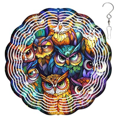 10-Inch Metal Wind Spinner Cluster of Vibrantly Colored Owls 3D Bird Wind Spinner, Unique Metal Hanging Kinetic Wind Sculpture Ornament Yard Art Garden Patio Lawn Indoor Outdoor Decor