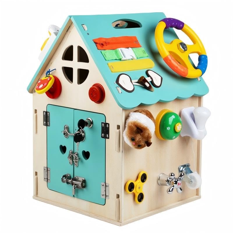 Montessori Wooden Busy House,Solid Wood,Safe&Non-Toxic,Cultivate Practical and Logical Thinking Ability,Life and Fine Motor Skills,Wooden Busy House for Toddlers,Christmas Birthday Gift (Blue)