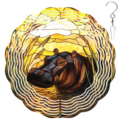 10-Inch Metal Wind Spinner Hippo in Reeds Water 3D Wildlife Wind Spinner, Unique Metal Hanging Kinetic Wind Sculpture Ornament Gifts for Women Yard Art Garden Patio Lawn Indoor Outdoor Decor