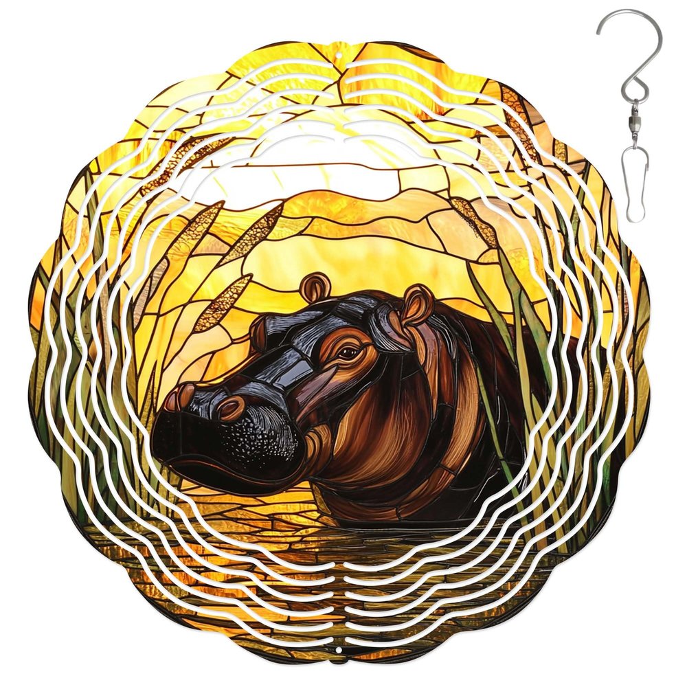 10-Inch Metal Wind Spinner Hippo in Reeds Water 3D Wildlife Wind Spinner, Unique Metal Hanging Kinetic Wind Sculpture Ornament Gifts for Women Yard Art Garden Patio Lawn Indoor Outdoor Decor