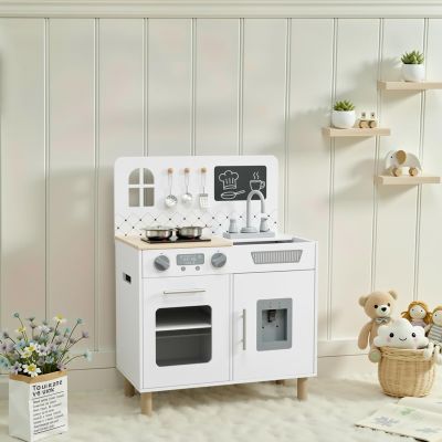 Arlopu Wooden Kids Play Kitchen Set with Blackboard, Realistic Lights & Sounds, Interactive Pretend Kitchen with Stove, Water Dispenser, 6 Pcs Cookware & Chalkboard Panel for Toddlers (White)