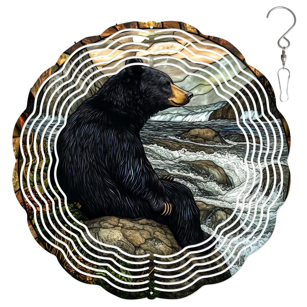 10-Inch Metal Wind Spinner Black Bear by Crashing Waves 3D Wildlife Wind Spinner, Unique Metal Hanging Kinetic Wind Sculpture Ornament Gifts for Women Yard Art Garden Patio Lawn Indoor Outdoor Decor