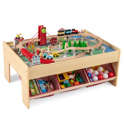 HONEY JOY Train Table, Wooden Kids Activity Table with 3 Storage Bins, 94 Multicolor Pieces, Tracks, Trains, Cars, Toddler Train Table Set with Reversible Tabletop, Gift for Boys Girls Age 3+