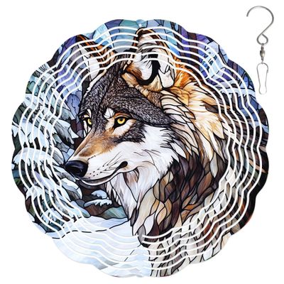 10-Inch Metal Wind Spinner Wolf in Snowy Forest 3D Wildlife Wind Spinner, Unique Metal Hanging Kinetic Wind Sculpture Ornament Gifts for Women Yard Art Garden Patio Lawn Indoor Outdoor Decor