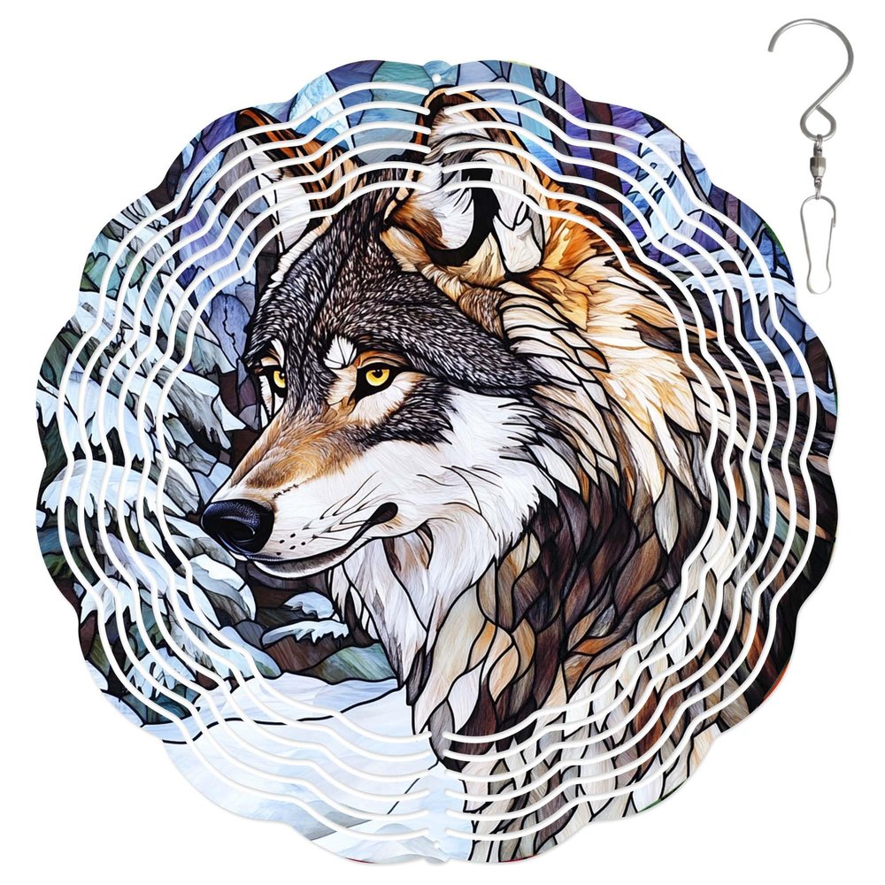 10-Inch Metal Wind Spinner Wolf in Snowy Forest 3D Wildlife Wind Spinner, Unique Metal Hanging Kinetic Wind Sculpture Ornament Gifts for Women Yard Art Garden Patio Lawn Indoor Outdoor Decor