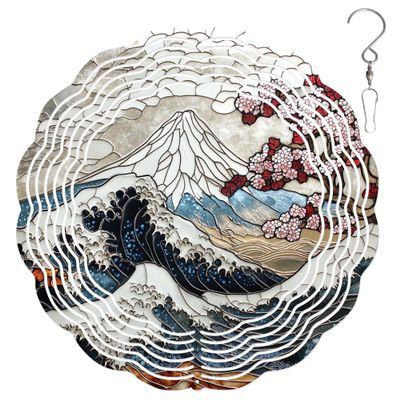10-Inch Metal Wind Spinner The Great Wave and Mount Fuji 3D Wind Spinner, Unique Metal Hanging Kinetic Wind Sculpture Ornament Gifts for Women Yard Art Garden Patio Lawn Indoor Outdoor Decor (1)
