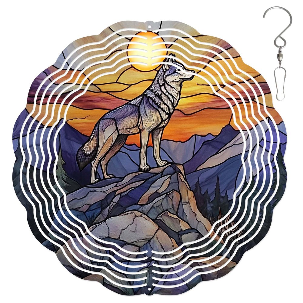 10-Inch Metal Wind Spinner Wolf On Rocky Peak in Sunset 3D Wildlife Wind Spinner, Unique Metal Hanging Kinetic Wind Sculpture Ornament Gifts for Women Yard Art Garden Patio Lawn Indoor Outdoor Decor