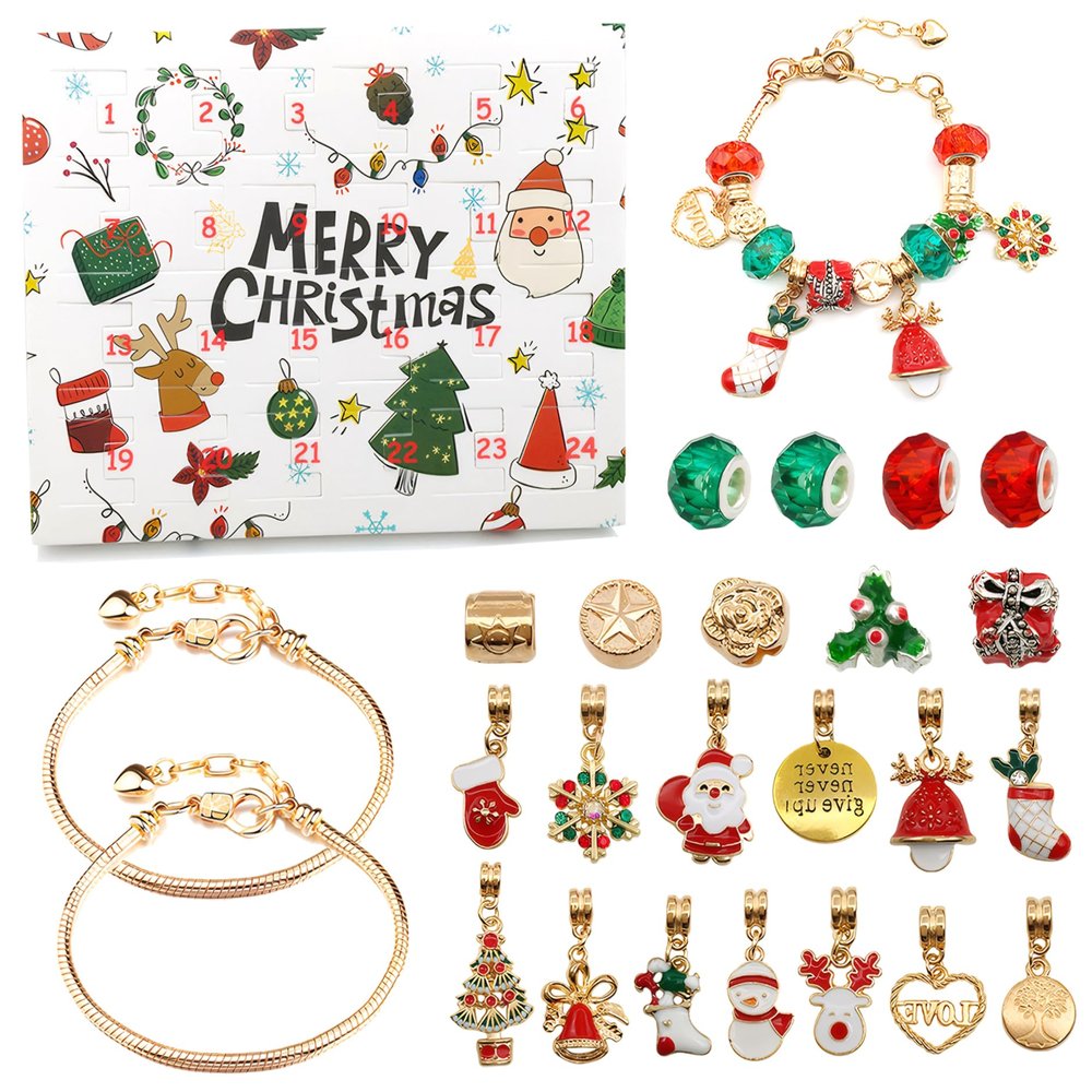 Advent Calendar Bracelet 24 Days Xmas Countdown Charm Bracelet Advent Calendar 2024 Gold DIY Alloy Christmas for Kids, Girls, Teens
