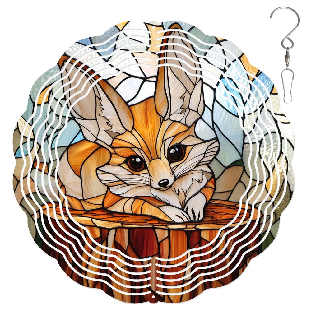 10-Inch Metal Wind Spinner Fennec Fox on Tree Stump 3D Wildlife Wind Spinner, Unique Metal Hanging Kinetic Wind Sculpture Ornament Gifts for Women Yard Art Garden Patio Lawn Indoor Outdoor Decor (2)