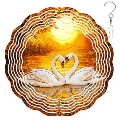 10-Inch Metal Wind Spinner Two White Swans in Autumn Lake 3D Bird Wind Spinner, Unique Metal Hanging Kinetic Wind Sculpture Ornament Yard Art Garden Patio Lawn Indoor Outdoor Decor