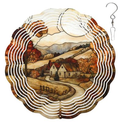 10-Inch Metal Wind Spinner Rural House in Autumn Hills 3D Wind Spinner, Unique Metal Hanging Kinetic Wind Sculpture Ornament Gifts for Women Yard Art Garden Patio Lawn Indoor Outdoor Decor