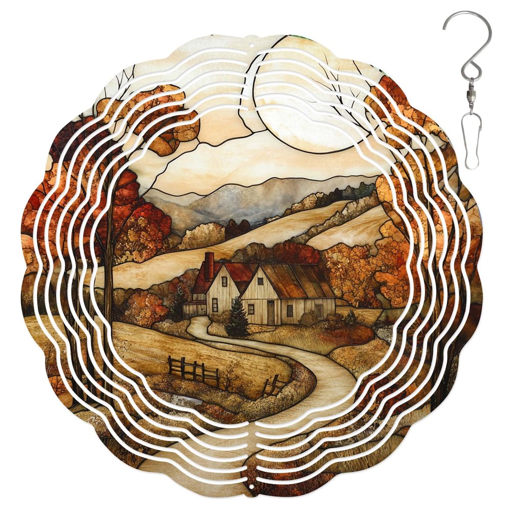 10-Inch Metal Wind Spinner Rural House in Autumn Hills 3D Wind Spinner, Unique Metal Hanging Kinetic Wind Sculpture Ornament Gifts for Women Yard Art Garden Patio Lawn Indoor Outdoor Decor