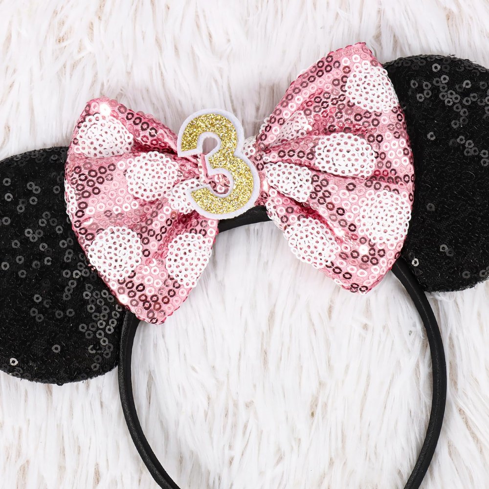 CANMIL Sparkle Birthday Bow Headband for Girls, 3rd Birthday Party Sequins Hair Accessories (3rd)