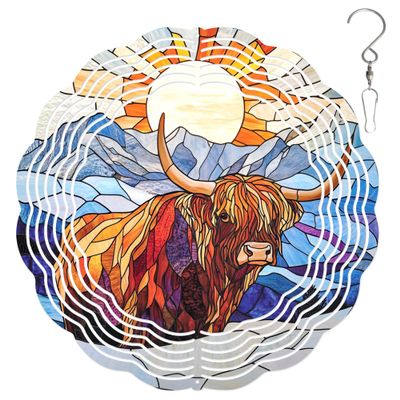 10-Inch Metal Wind Spinner Shaggy Highland Cow in Sunlit 3D Wildlife Wind Spinner, Unique Metal Hanging Kinetic Wind Sculpture Ornament Gifts for Women Yard Art Garden Patio Lawn Indoor Outdoor Decor