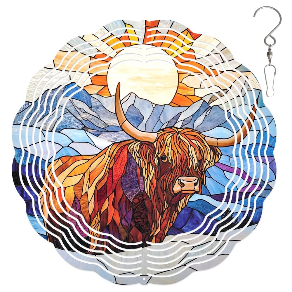 10-Inch Metal Wind Spinner Shaggy Highland Cow in Sunlit 3D Wildlife Wind Spinner, Unique Metal Hanging Kinetic Wind Sculpture Ornament Gifts for Women Yard Art Garden Patio Lawn Indoor Outdoor Decor