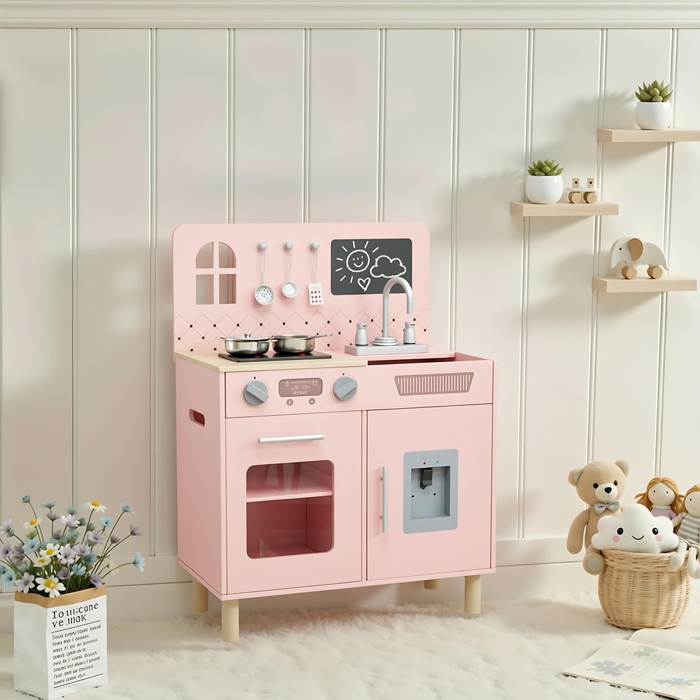Arlopu Wooden Kids Play Kitchen Set with Blackboard, Realistic Lights & Sounds, Interactive Pretend Kitchen with Stove, Water Dispenser, 6 Pcs Cookware & Chalkboard Panel for Toddlers (Pink)