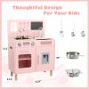 Arlopu Wooden Kids Play Kitchen Set with Blackboard, Realistic Lights & Sounds, Interactive Pretend Kitchen with Stove, Water Dispenser, 6 Pcs Cookware & Chalkboard Panel for Toddlers (Pink) view 3